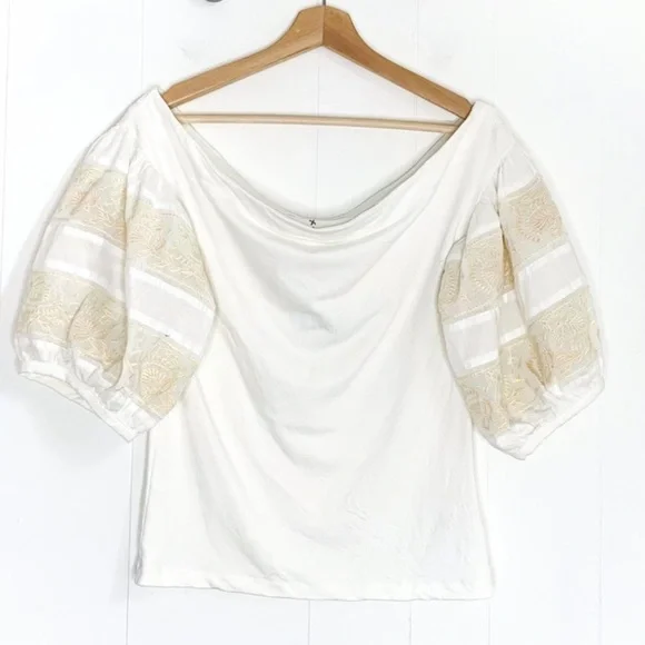 Free People Cream Blouse with Lace Puff Sleeves - Picture 2 of 4